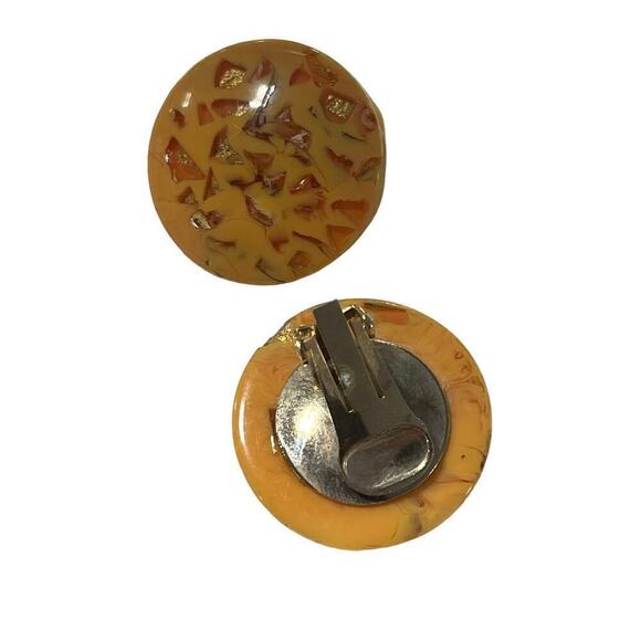 Vintage Gold Fleck Lucite Clip On Earrings Large Statement Cream Discs 1950-60s - Picture 2 of 5